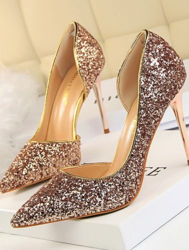 Women's Pumps; sexy women's high-heeled shoes; thin heel pointed leather shoes; hollow sides; sequins decoration
